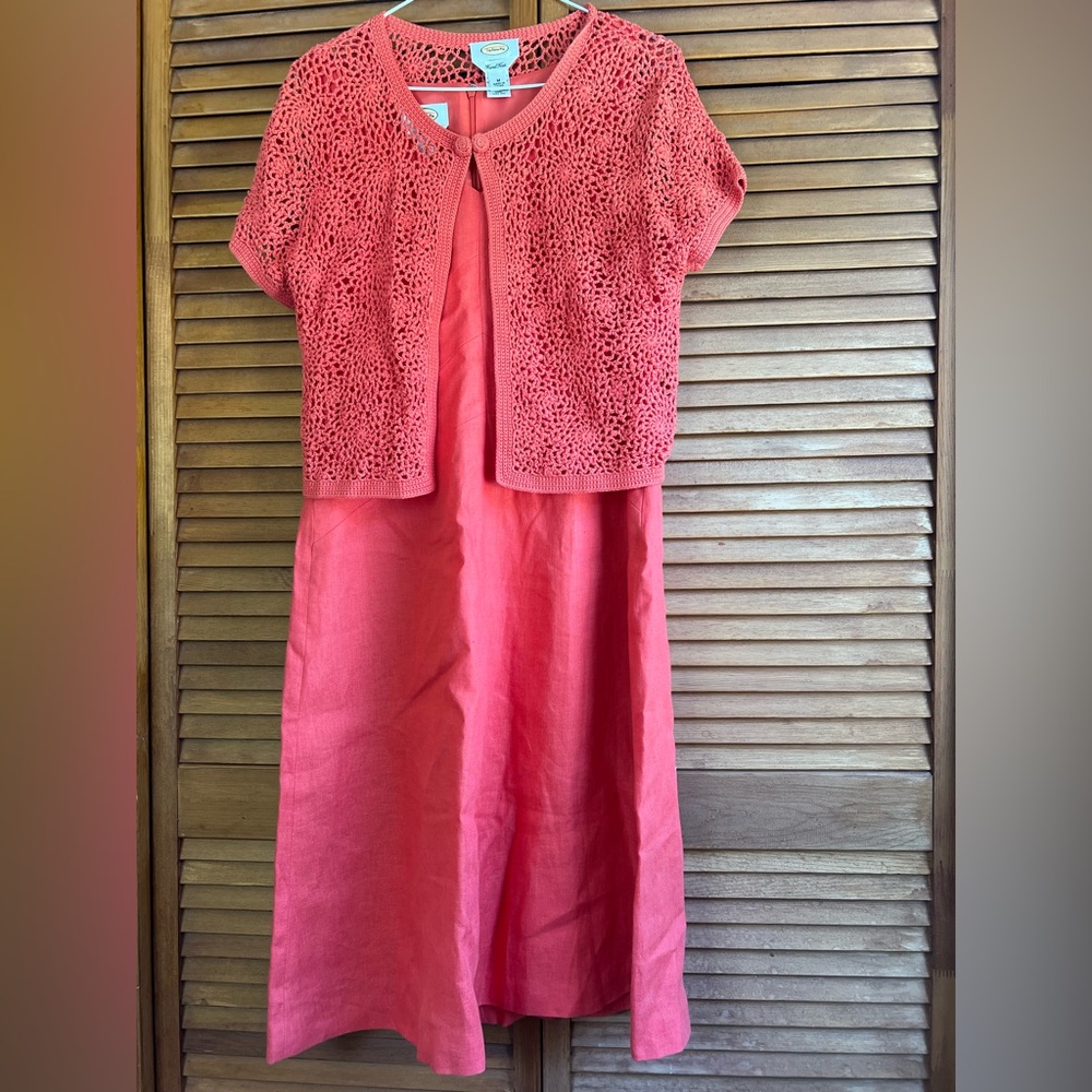 Talbots Coral Linen Lined Dress With Matching Hand Crocheted Sweater Size 10